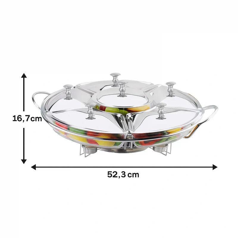 Rechaud Giratório Com 6 Compartimentos Aço Inox e Vidro 52cm