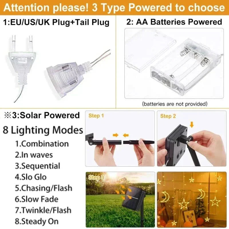 Luzes de Fada Estrela e Lua LED Solar - Encanto Natalino