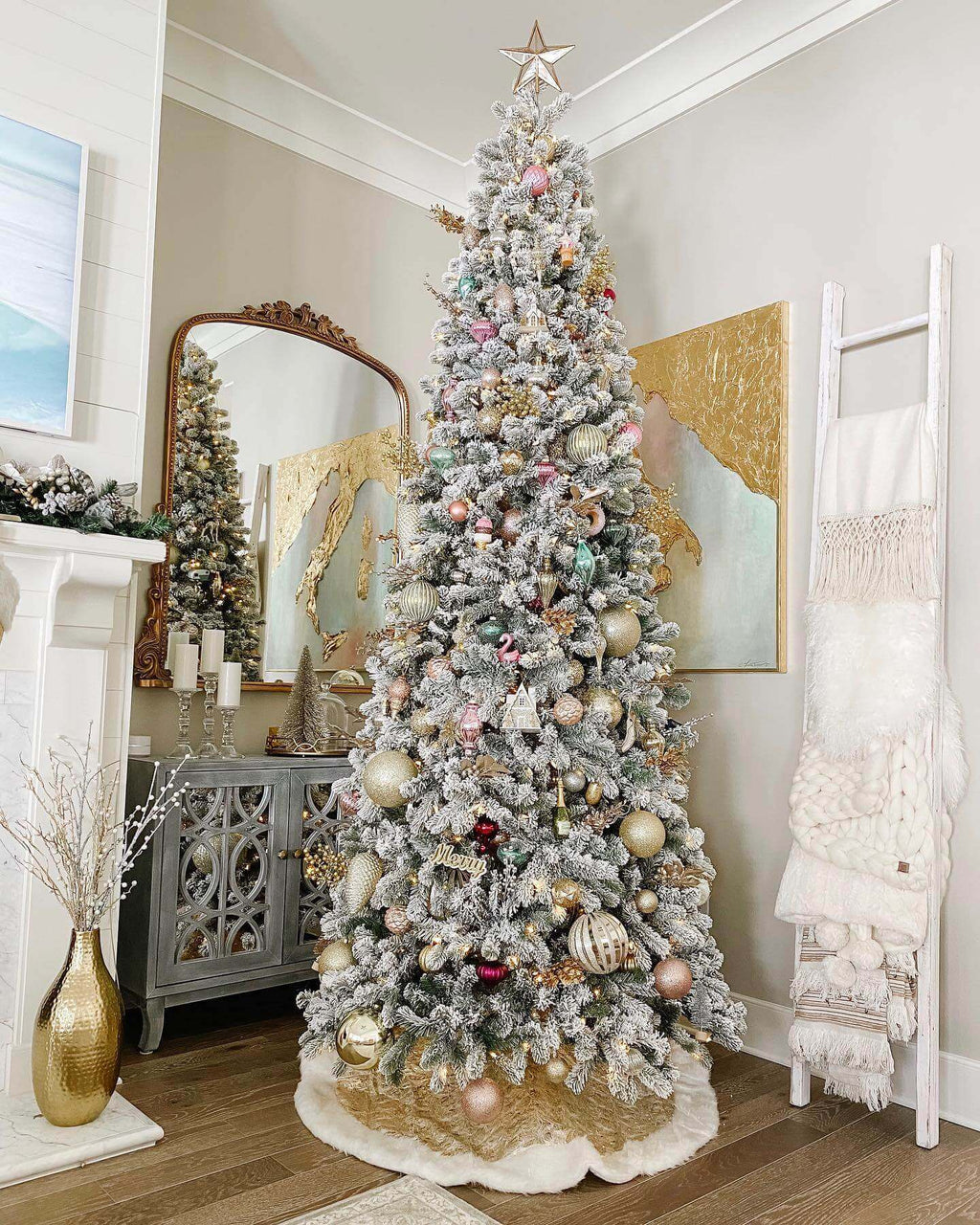 Árvore de Natal Artificial Slim King Flock® de com 650 Luzes LED Branco Quente